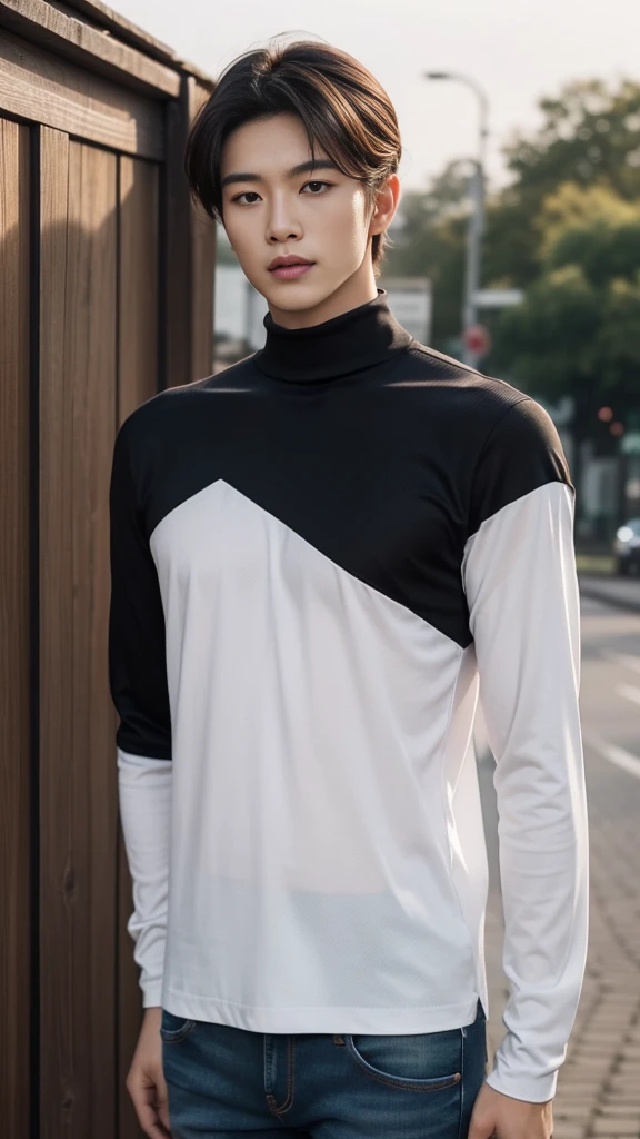 (realistic, คุณภาพhigh: 1.3) Handsome Asian man, high, Black turtleneck shirt, Skinny jeans, photography, Dutch corner, outdoor, Hair style up, hair dyed blonde