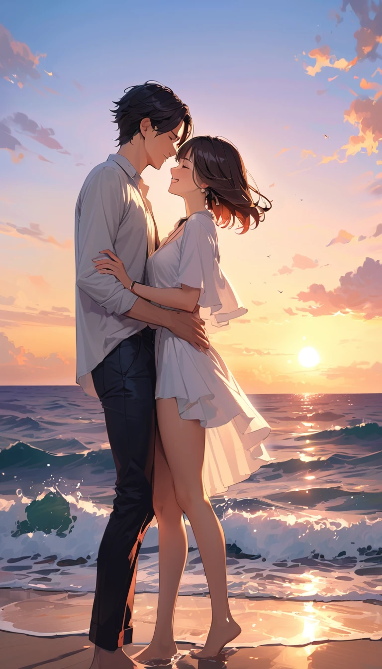 Verism,super detail, best quality, 4K , Couple holding hands, a man ,black short hair, 25 years old, a woman , Dark brown short bob, 23 years old,smile,Happy atmosphere,Seaside