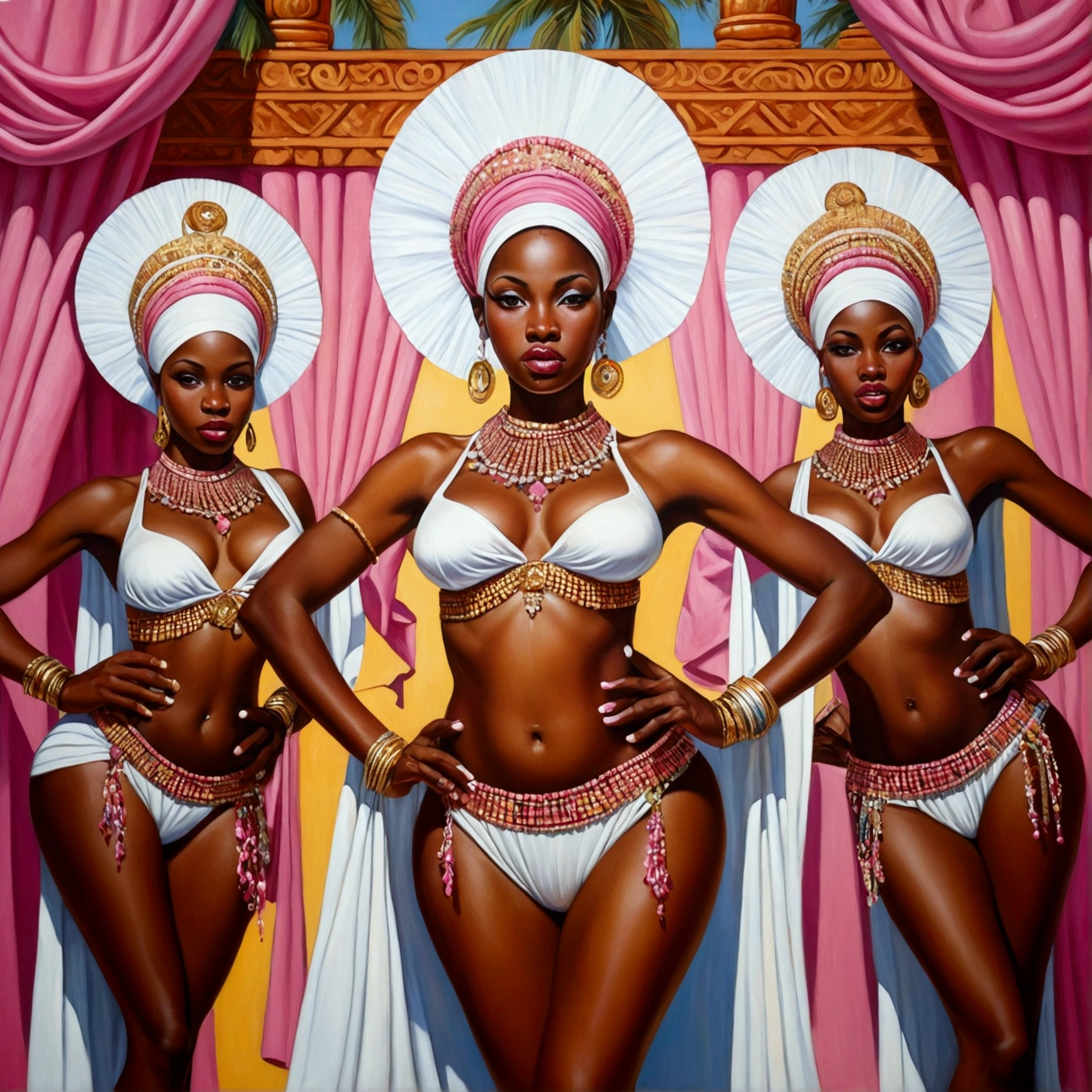 Oil painting depicting scantily clad African dancers, ((curved)), ((seducing gaze)), (((pretty faces))), ((big haunches)), beautiful models, ((neckleace)), ((Waist slender)), ((smooth belly)), beads around the neck, detailed facial expression, detailed hands, dynamic poses, elegant pose, wearing white and pink headgear, barefoot, short flow curtains, guache, singing, colorful scene, palm trees in the background, wide-angle shot, not El-Dragg style
