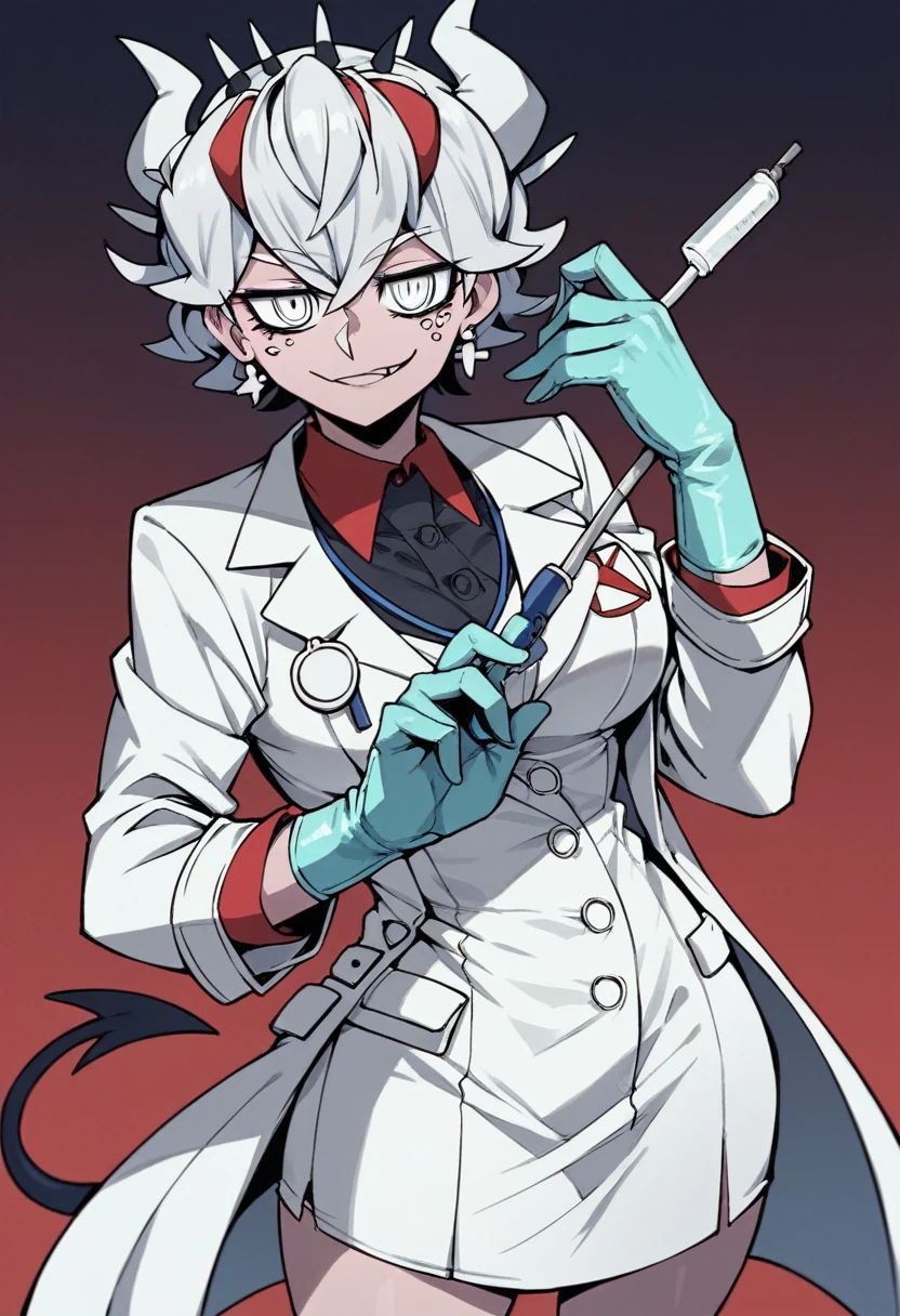 1girl, beelzebub \(helltaker\), ((blue medical gloves)), ((surgical gloves)), (( gloves)), ((long sleeves)), looking at viewer, ((white doctor outfit)), standing, solo