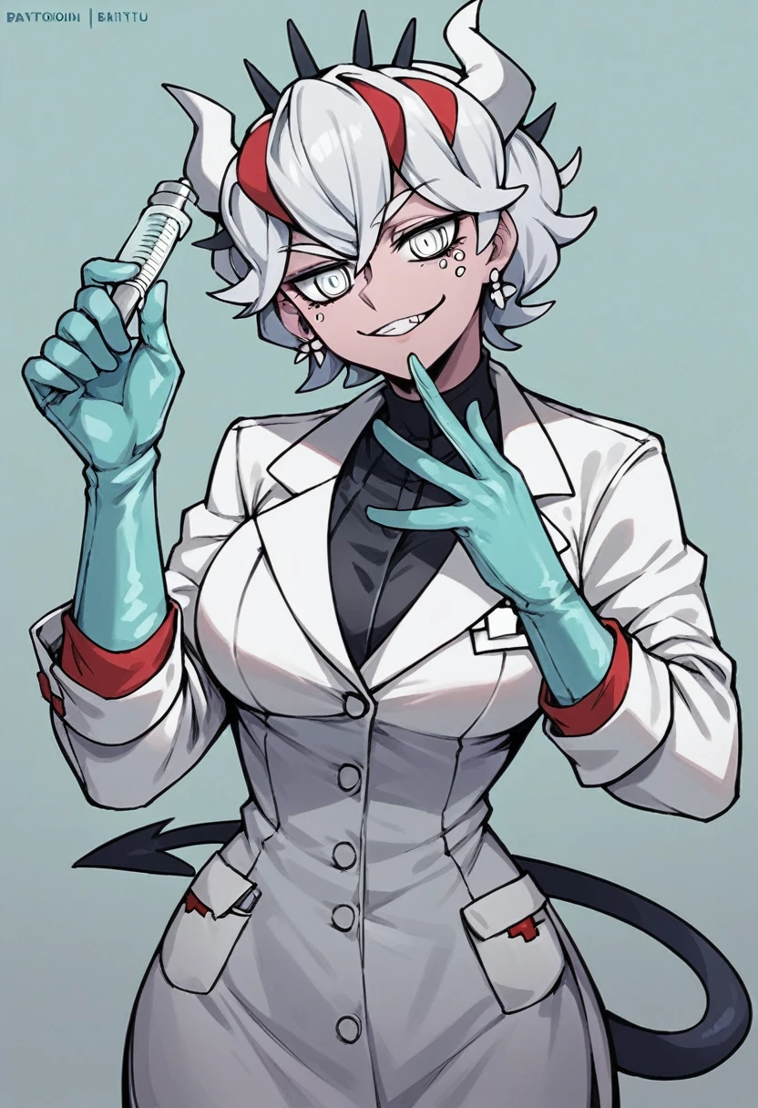 1girl, beelzebub \(helltaker\), ((blue medical gloves)), ((surgical gloves)), (( gloves)), ((long sleeves)), looking at viewer, ((white doctor outfit)), standing, solo