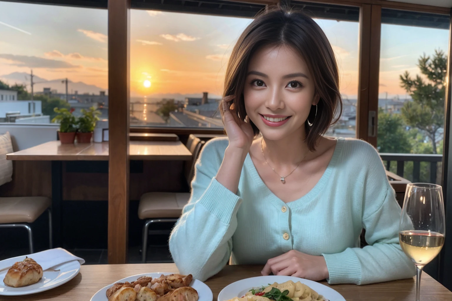 (Realistic:1.1),(masterpiece,Highest quality),8k,(44 years old), 47 years old, slimカップル、Model Couple、actress/actor、Tight waist,Upper Body,full-course dinner、wine 、Amazing view of the sunset sky and clouds、Perfect Anatomy, Brown Hair, short hair,Random Hairstyles,((Highly detailed face and eyes:1.2))(cute顔:1.4),美しいactressの顔,Perfect golden ratio face,Long sleeve shirt、dress,(smile:1.2)、Shortcuts、cute、(Realistic, Intricate details:1.2), A bright smile、short hair,Bright Face、赤wine 、Appetizers、Italian food、wine bottle、Champagne、スパークリングwine、(slimな顔), (The body is slim), (Brown Hair), (Shortcuts), Upper Body, 白wine, slim, wineグラス,