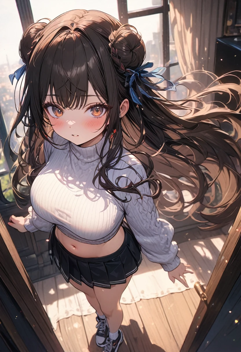 (masterpiece), best quality, very aesthetic, newest, absurdres, detailed, high quality
BREAK
highest quality, top quality, details, highres, ultra fine painting, digital art, official art, splash art, cinematic, 4k, 8k resolution, 8K CG wallpaper, original artwork, detailed background, blue atmosphere, High Dynamic Range, blurry background, blue hour, Starburst effects, crepuscular rays, good ISO, high resolution, wide shot, from far away, RAW photo, POV, sharp focus, light reflection, reflections, intricate details, soft light, particle noise, professional photography, bokeh, depth of field, studio lighting, vibrant colors, detailed lights and shadows, stylish, ultra-detailed, top rated on Pixiv, trending on Artstation, niji style, modern-days, master crafted, pose
BREAK
solo, (close up), 1girl, pale skin, correct fingers, detailed hand, (big breasts:1.2), big thighs, small torso, short body, flushtered, blush, anxious expression, embarassed, embarassed act, casual, slim, ((cute, childlike face):1.3), nice body, nice hips, brown hair, (very long flowing hair, 2 buns hairstyle), long bangs, long hair, middle hair bangs, brown eyes
BREAK
(white cropped sweater, tummy skin, belly button, short pleated skirt, ankle socks, sneakers, (full body shot))
BREAK
Indoors apartment background