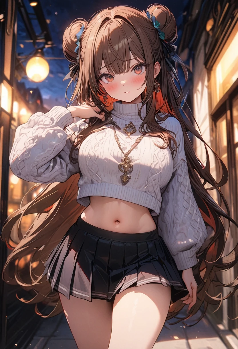 (masterpiece), best quality, very aesthetic, newest, absurdres, detailed, high quality
BREAK
highest quality, top quality, details, highres, ultra fine painting, digital art, official art, splash art, cinematic, 4k, 8k resolution, 8K CG wallpaper, original artwork, detailed background, blue atmosphere, High Dynamic Range, blurry background, blue hour, Starburst effects, crepuscular rays, good ISO, high resolution, wide shot, from far away, RAW photo, POV, sharp focus, light reflection, reflections, intricate details, soft light, particle noise, professional photography, bokeh, depth of field, studio lighting, vibrant colors, detailed lights and shadows, stylish, ultra-detailed, top rated on Pixiv, trending on Artstation, niji style, modern-days, master crafted, pose
BREAK
solo, (close up), 1girl, pale skin, correct fingers, detailed hand, (big breasts:1.2), big thighs, small torso, short body, flushtered, blush, anxious expression, embarassed, embarassed act, casual, slim, ((cute, childlike face):1.3), nice body, nice hips, brown hair, (very long flowing hair, 2 buns hairstyle), long bangs, long hair, middle hair bangs, brown eyes
BREAK
(white cropped puffy sweater, tummy skin, belly button, short pleated skirt, casual style, modest)
BREAK
Indoors apartment background
