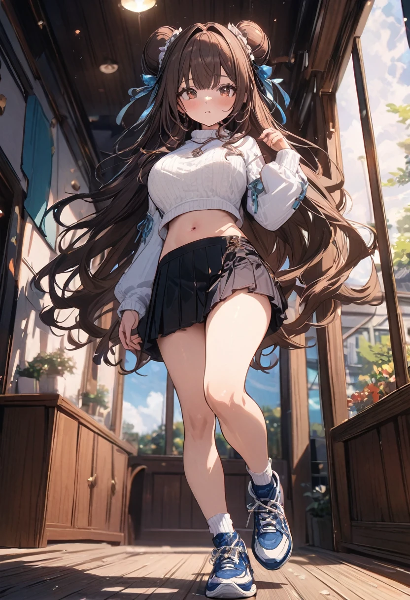 (masterpiece), best quality, very aesthetic, newest, absurdres, detailed, high quality
BREAK
highest quality, top quality, details, highres, ultra fine painting, digital art, official art, splash art, cinematic, 4k, 8k resolution, 8K CG wallpaper, original artwork, detailed background, blue atmosphere, High Dynamic Range, blurry background, blue hour, Starburst effects, crepuscular rays, good ISO, high resolution, wide shot, from far away, RAW photo, POV, sharp focus, light reflection, reflections, intricate details, soft light, particle noise, professional photography, bokeh, depth of field, studio lighting, vibrant colors, detailed lights and shadows, stylish, ultra-detailed, top rated on Pixiv, trending on Artstation, niji style, modern-days, master crafted, pose
BREAK
solo, (close up), 1girl, pale skin, correct fingers, detailed hand, (big breasts:1.2), big thighs, small torso, short body, flushtered, blush, anxious expression, embarassed, embarassed act, casual, slim, ((cute, childlike face):1.3), nice body, nice hips, brown hair, (very long flowing hair, 2 buns hairstyle), long bangs, long hair, middle hair bangs, brown eyes
BREAK
(white cropped sweater, tummy skin, belly button, short pleated skirt, ankle socks, sneakers, (full body shot))
BREAK
Indoors apartment background