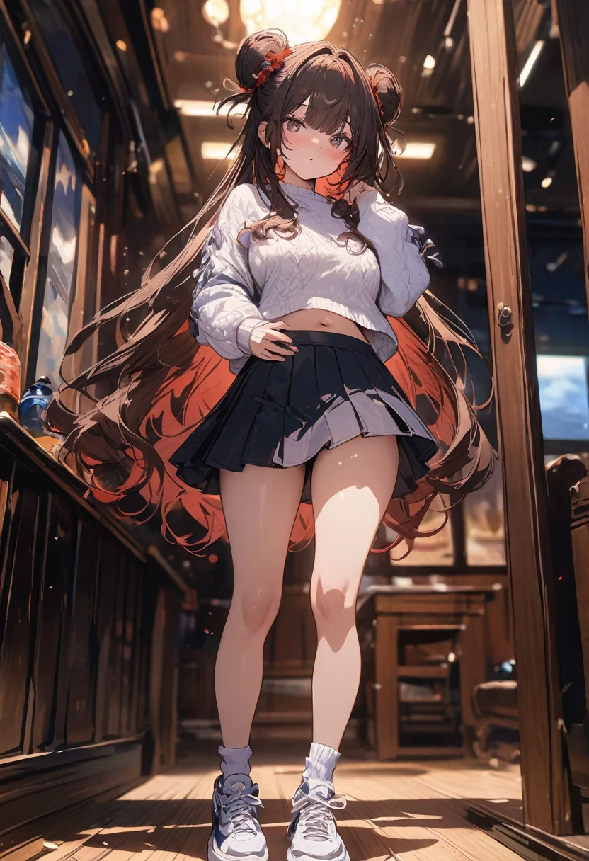 (masterpiece), best quality, very aesthetic, newest, absurdres, detailed, high quality
BREAK
highest quality, top quality, details, highres, ultra fine painting, digital art, official art, splash art, cinematic, 4k, 8k resolution, 8K CG wallpaper, original artwork, detailed background, blue atmosphere, High Dynamic Range, blurry background, blue hour, Starburst effects, crepuscular rays, good ISO, high resolution, wide shot, from far away, RAW photo, POV, sharp focus, light reflection, reflections, intricate details, soft light, particle noise, professional photography, bokeh, depth of field, studio lighting, vibrant colors, detailed lights and shadows, stylish, ultra-detailed, top rated on Pixiv, trending on Artstation, niji style, modern-days, master crafted, pose
BREAK
solo, (close up), 1girl, pale skin, correct fingers, detailed hand, (big breasts:1.2), big thighs, small torso, short body, flushtered, blush, anxious expression, embarassed, embarassed act, casual, slim, ((cute, childlike face):1.3), nice body, nice hips, brown hair, (very long flowing hair, 2 buns hairstyle), long bangs, long hair, middle hair bangs, brown eyes
BREAK
(white cropped sweater, tummy skin, belly button, short pleated skirt, ankle socks, sneakers, (full body shot))
BREAK
Indoors apartment background