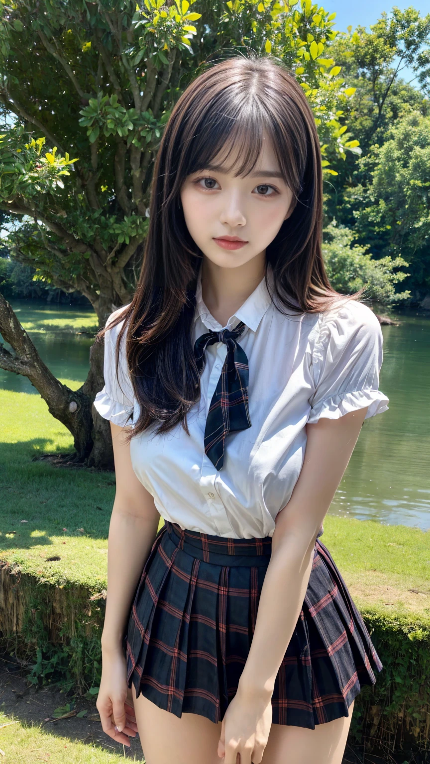 (absurdres:1.3), (highres:1.3), (ultra detailed:1.3),(1girl:1.3), (extremely detailed CG unity 8k wallpaper:1.3), (detailed skin texture, detailed cloth texture, detailed hair texture), (beautiful detailed face, supermodel, pale skin, realistic glistening skin), (RAW photo, best quality), (realistic, photo-realistic:1.4), masterpiece, extremely delicate and beautiful,Amazing, finely detail, extremely detailed CG unity 8k wallpaper, huge filesize, ultra-detailed, highres, absurdres, soft light,rim light, vibrant details, hotel room, straight hair, large breasts, black hair color, Big Natural Color Lip, (perfect body shape), beautiful legs, 20 years old, Beauty、Well-formed face、Make your eyes even、Large sagging eyes、Beautiful black hair、Has bangedium build、Well-balanced proportions、Arms wrapped around his back, hands tie behind back, Tartan plaid pleated skirt、Blue Short Sleeve Blouse、Beautiful scenery、(front view:1.3), Leaning against a large tree on the shore of a beautiful lake、