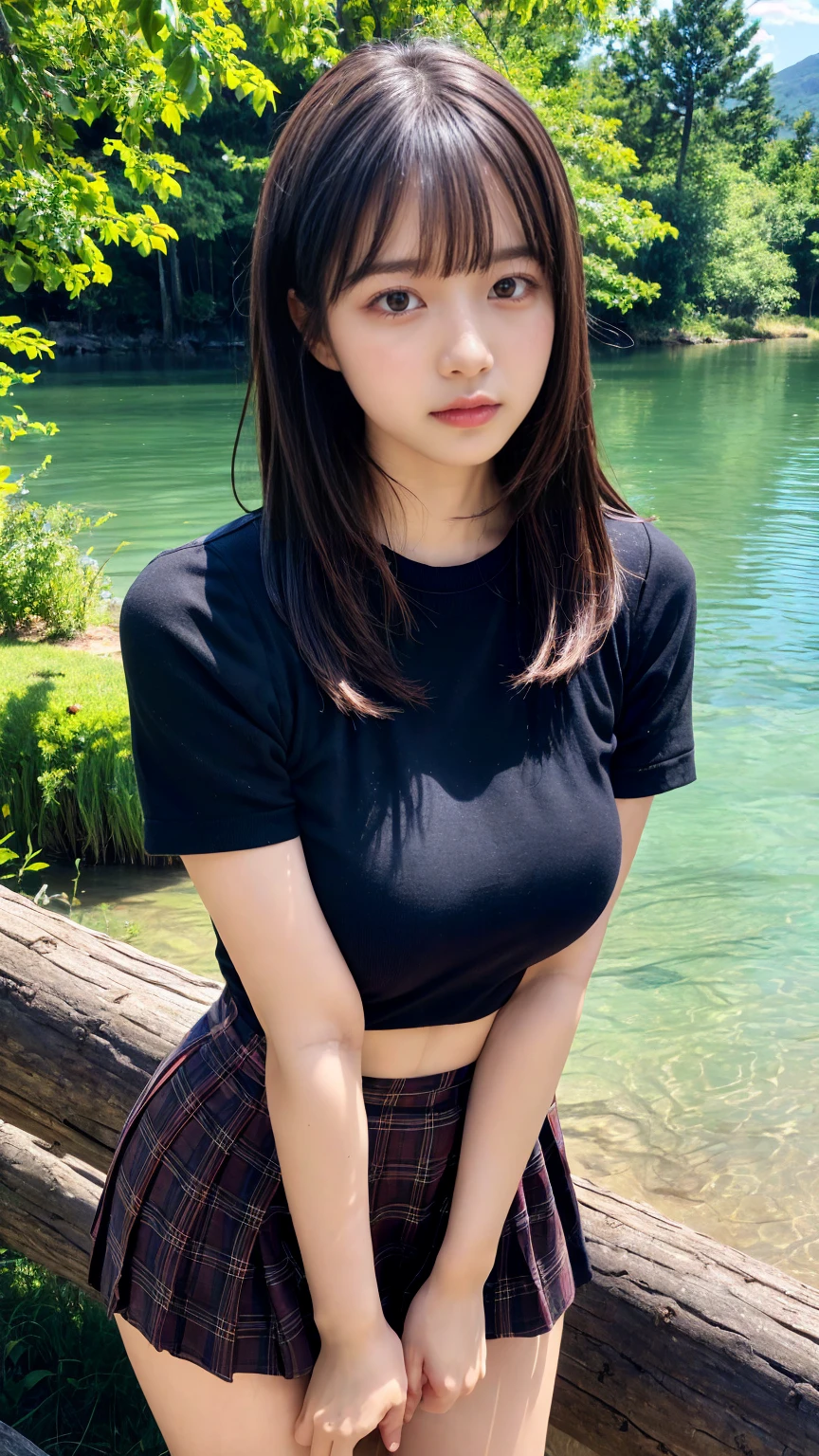 (absurdres:1.3), (highres:1.3), (ultra detailed:1.3),(1girl:1.3), (extremely detailed CG unity 8k wallpaper:1.3), (detailed skin texture, detailed cloth texture, detailed hair texture), (beautiful detailed face, supermodel, pale skin, realistic glistening skin), (RAW photo, best quality), (realistic, photo-realistic:1.4), masterpiece, extremely delicate and beautiful,Amazing, finely detail, extremely detailed CG unity 8k wallpaper, huge filesize, ultra-detailed, highres, absurdres, soft light,rim light, vibrant details, hotel room, straight hair, large breasts, black hair color, Big Natural Color Lip, (perfect body shape), beautiful legs, 20 years old, Beauty、Well-formed face、Make your eyes even、Large sagging eyes、Beautiful black hair、Has bangedium build、Well-balanced proportions、Arms wrapped around his back, hands tie behind back, Tartan plaid pleated skirt、Blue Short Sleeve Blouse、Beautiful scenery、(front view:1.3), Leaning against a large tree on the shore of a beautiful lake、