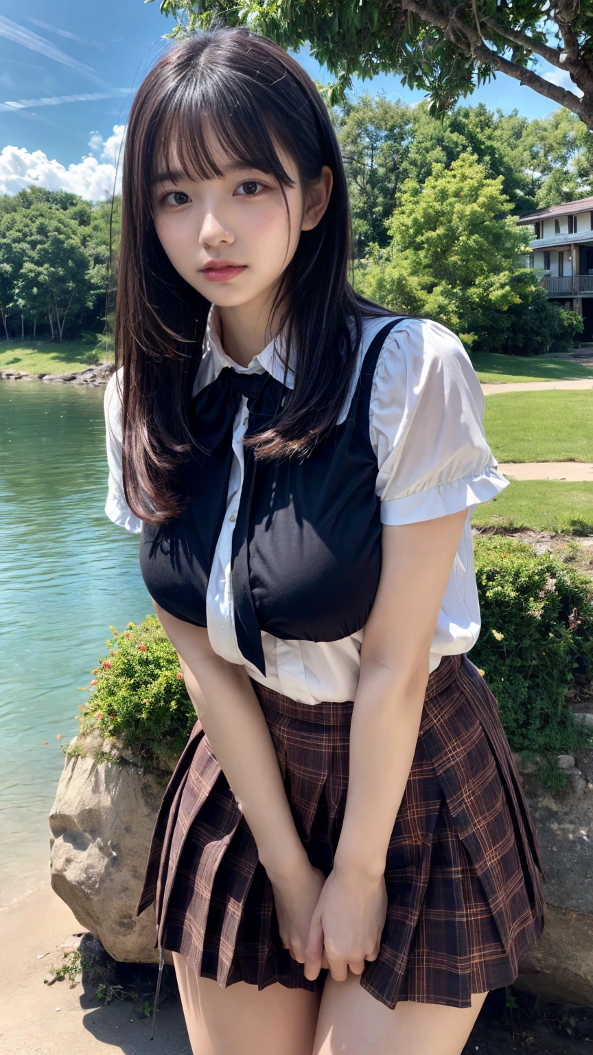 (absurdres:1.3), (highres:1.3), (ultra detailed:1.3),(1girl:1.3), (extremely detailed CG unity 8k wallpaper:1.3), (detailed skin texture, detailed cloth texture, detailed hair texture), (beautiful detailed face, supermodel, pale skin, realistic glistening skin), (RAW photo, best quality), (realistic, photo-realistic:1.4), masterpiece, extremely delicate and beautiful,Amazing, finely detail, extremely detailed CG unity 8k wallpaper, huge filesize, ultra-detailed, highres, absurdres, soft light,rim light, vibrant details, hotel room, straight hair, large breasts, black hair color, Big Natural Color Lip, (perfect body shape), beautiful legs, 20 years old, Beauty、Well-formed face、Make your eyes even、Large sagging eyes、Beautiful black hair、Has bangedium build、Well-balanced proportions、Arms wrapped around his back, hands tie behind back, Tartan plaid pleated skirt、Blue Short Sleeve Blouse、Beautiful scenery、(front view:1.3), Leaning against a large tree on the shore of a beautiful lake、