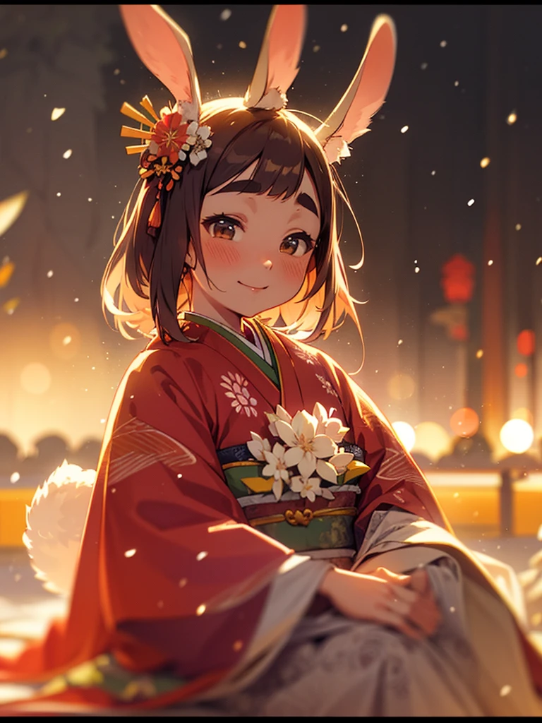 (Sumilux f1.4 50mm , low Latitude old color negative film , cross process , bokeh, flare, chromatic aberration , soft focus, (Shallow focus) , soft glow , Maximum aperture, High Key , Transparent depiction) , Japanese Heian period , Royal girl, rabbit ear , (Maro eyebrows) , kimono, sitting , (Peony flowers blooming:0.6) , closeup face , Snow is falling