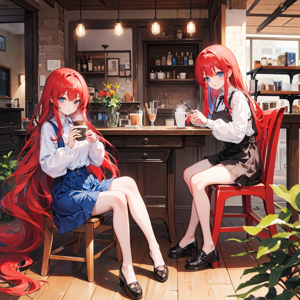 Long Hair、Beautiful eyes、woman、Wooden desk、Cafe、coffee、Contrasting sisters、Red Hair、Blue Hair、laptop、2 people、Beautiful chair