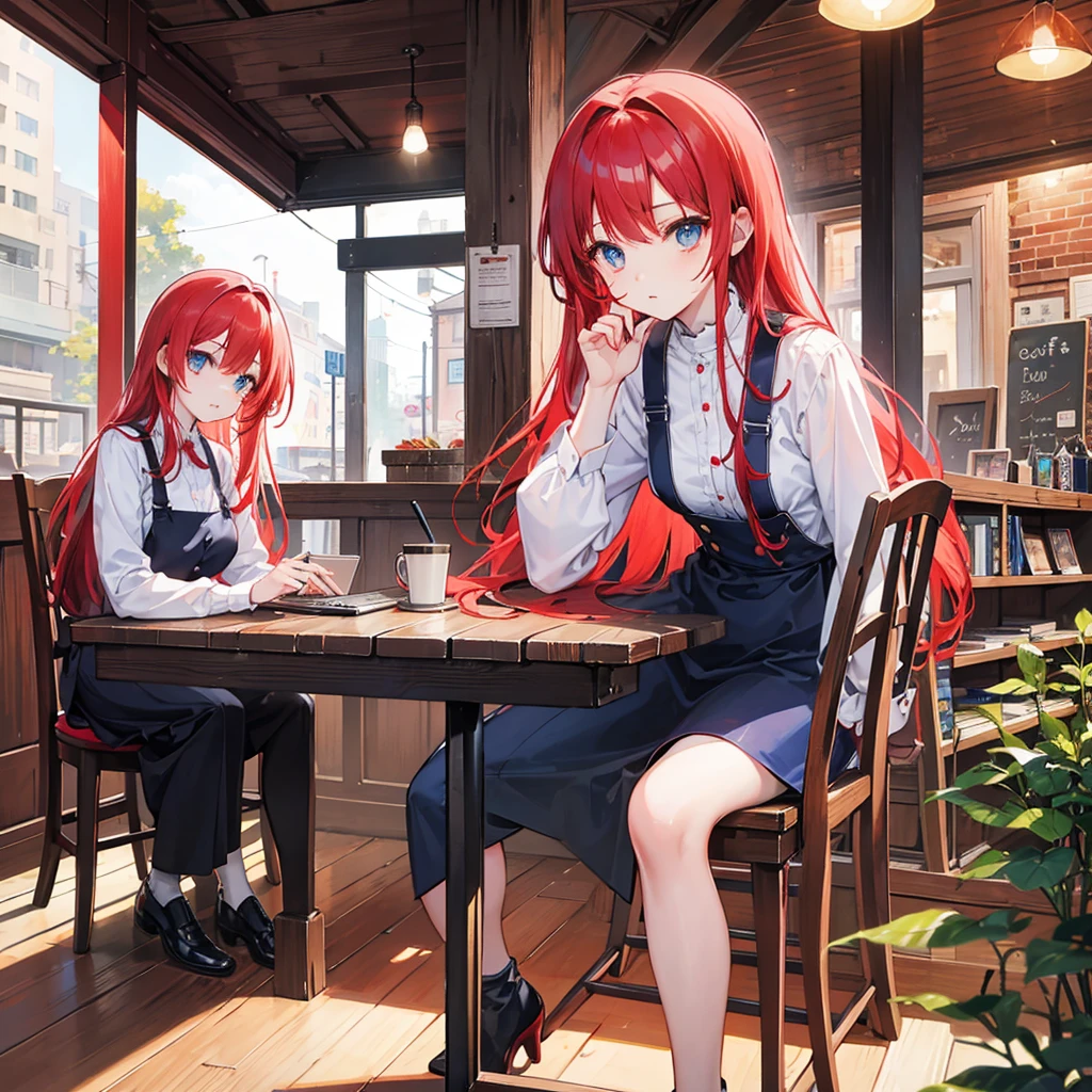 Long Hair、Beautiful eyes、woman、Wooden desk、Cafe、coffee、Contrasting sisters、Red Hair、Blue Hair、laptop、2 people、Beautiful chair