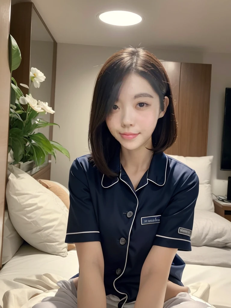 Highest quality, masterpiece, Ultra-high resolution, 8k, immature, (Like the picture:1.4), rendering, Depth of written boundary, Look at the viewers, Slender,  In a luxurious hospital room, Beautiful face in every detail, 1 girl, cute, young,, Big black eyes, Black Bob,pajamasの贅沢, (pajamas:1.3),pajamas,Sense of luxury,1. A female doctor patrolling in a navy blue life jacket,