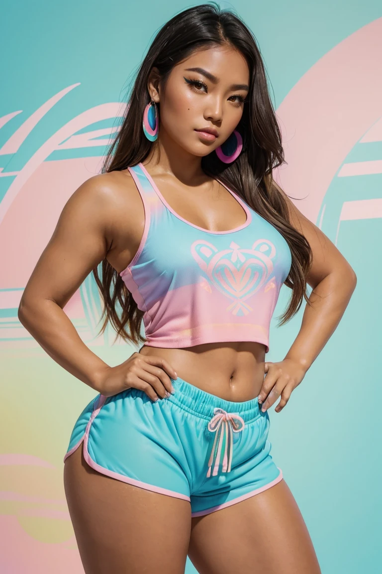(Sexy tanned Polynesian|Asian woman, 1girl:1.2, thicc hourglass figure, perfect eyeliner:1.2), (masterpiece:1.4, best quality), medium breasts, unity 8k wallpaper, ultra detailed, (pastel background, wearing gym shorts and colorful tank top:1.3), alluring pose, upper body, ass, beautiful and aesthetic, detailed, solo