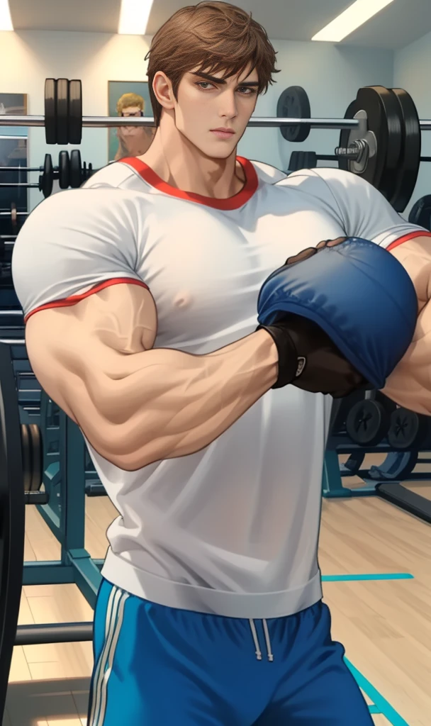 1 handsome man,Strong, big muscles, Gym ,White and blue t-shirt