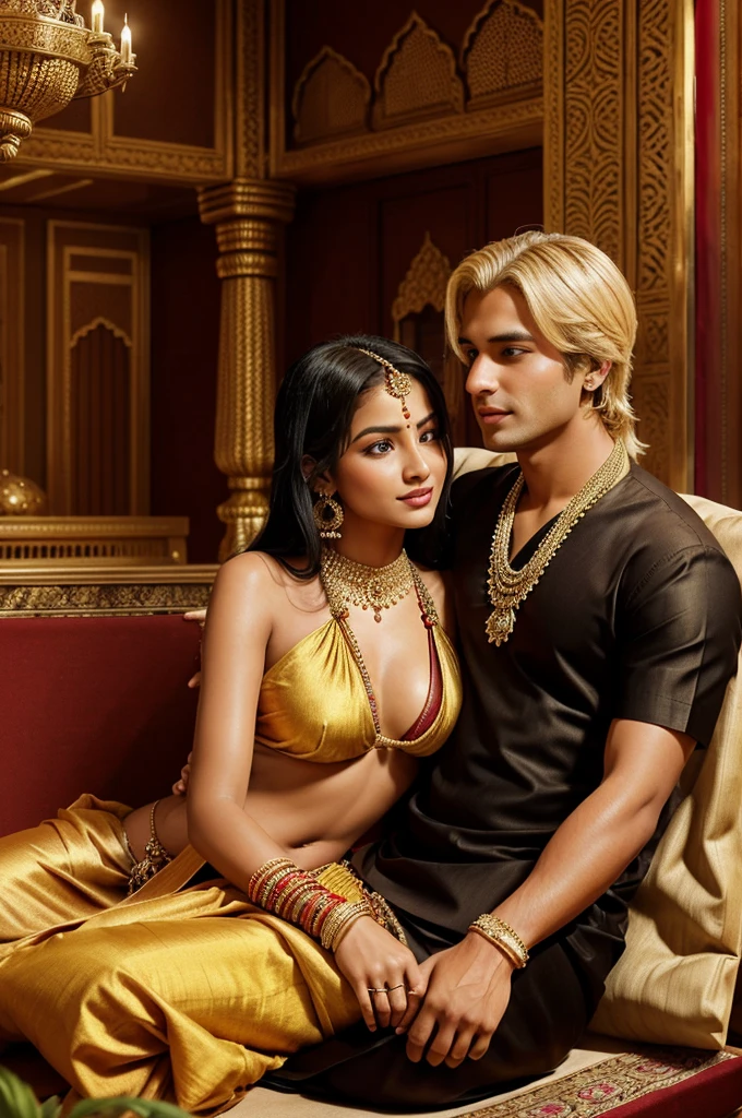 A fair-skinned girl with blonde hair, dressed in a gorgeous Indian sari with jewelry, embraces a guy with black hair, dressed in ancient Indian style, both are semi-naked sitting in Indian sofa in the rich Indian palace in the background, animated realism style