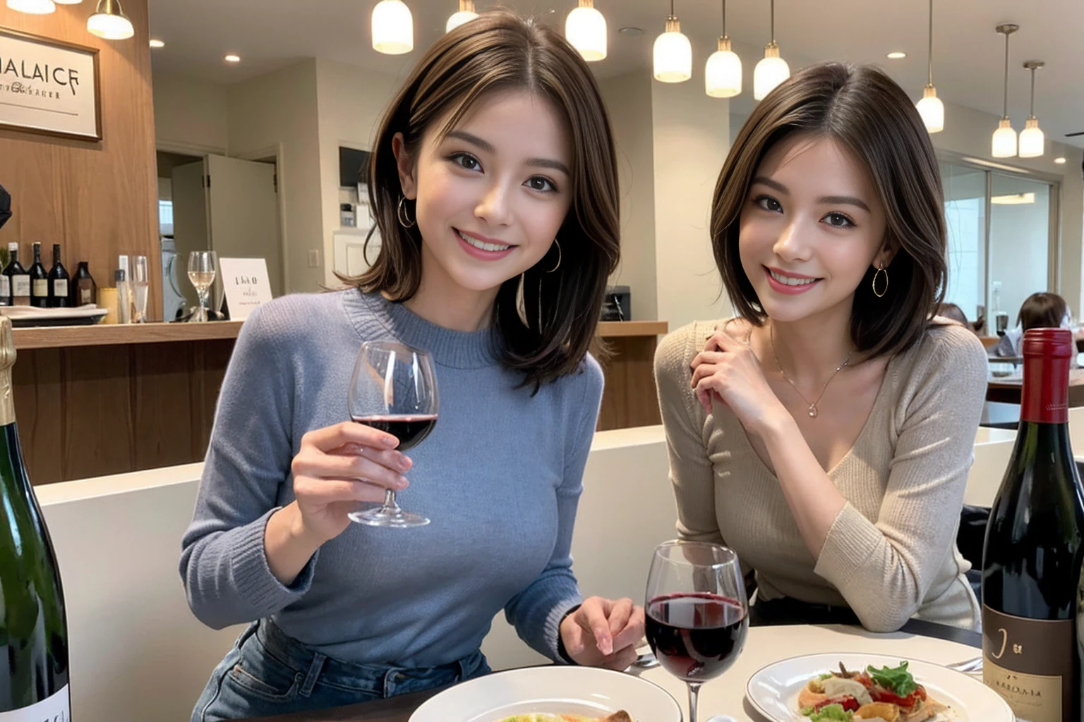 (Realistic:1.1),(masterpiece,Highest quality),8k,(44 years old), 42 years old, slimカップル、Model Couple、actress/actor、Tight waist,Upper Body,full-course dinner、wine 、Amazing view of the sunset sky and clouds、Perfect Anatomy, Brown Hair, short hair,Random Hairstyles,((Highly detailed face and eyes:1.2))(cute顔:1.4),美しいactressの顔,Perfect golden ratio face,Long sleeve shirt、dress,(smile:1.2)、Shortcuts、cute、(Realistic, Intricate details:1.2), A bright smile、short hair,Bright Face、赤wine 、Appetizers、Italian food、wine bottle、Champagne、スパークリングwine、(slimな顔), (The body is slim), (Brown Hair), (Shortcuts), Upper Body, 白wine, slim, wineグラス,