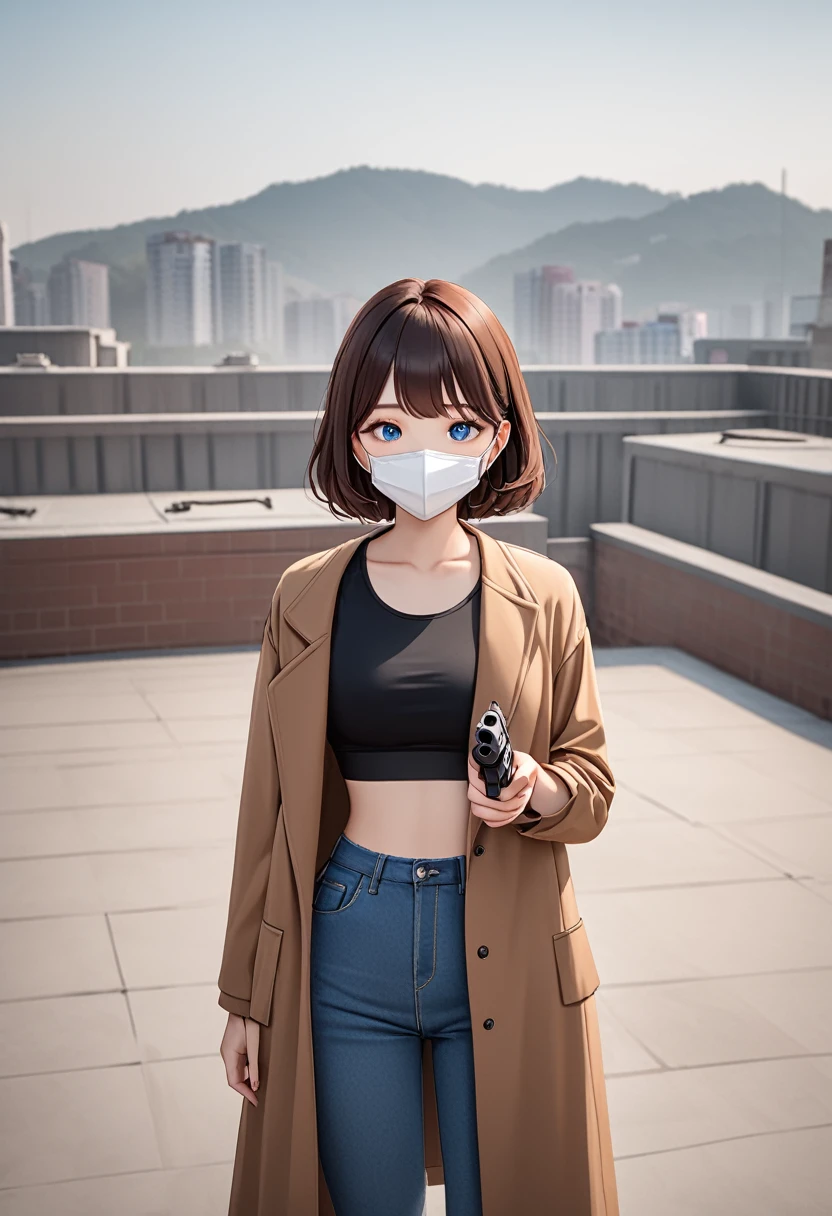 A girl wearing mask, brown short hair, a pistol in his hands, wearing a synthetic black crop top with a brown jacket and blue jeans, blue eyes, standing on a rooftop,centre of image,seeing towards viewers,half body shot,large image of girl,focused imageof girl,cute girl,korean.