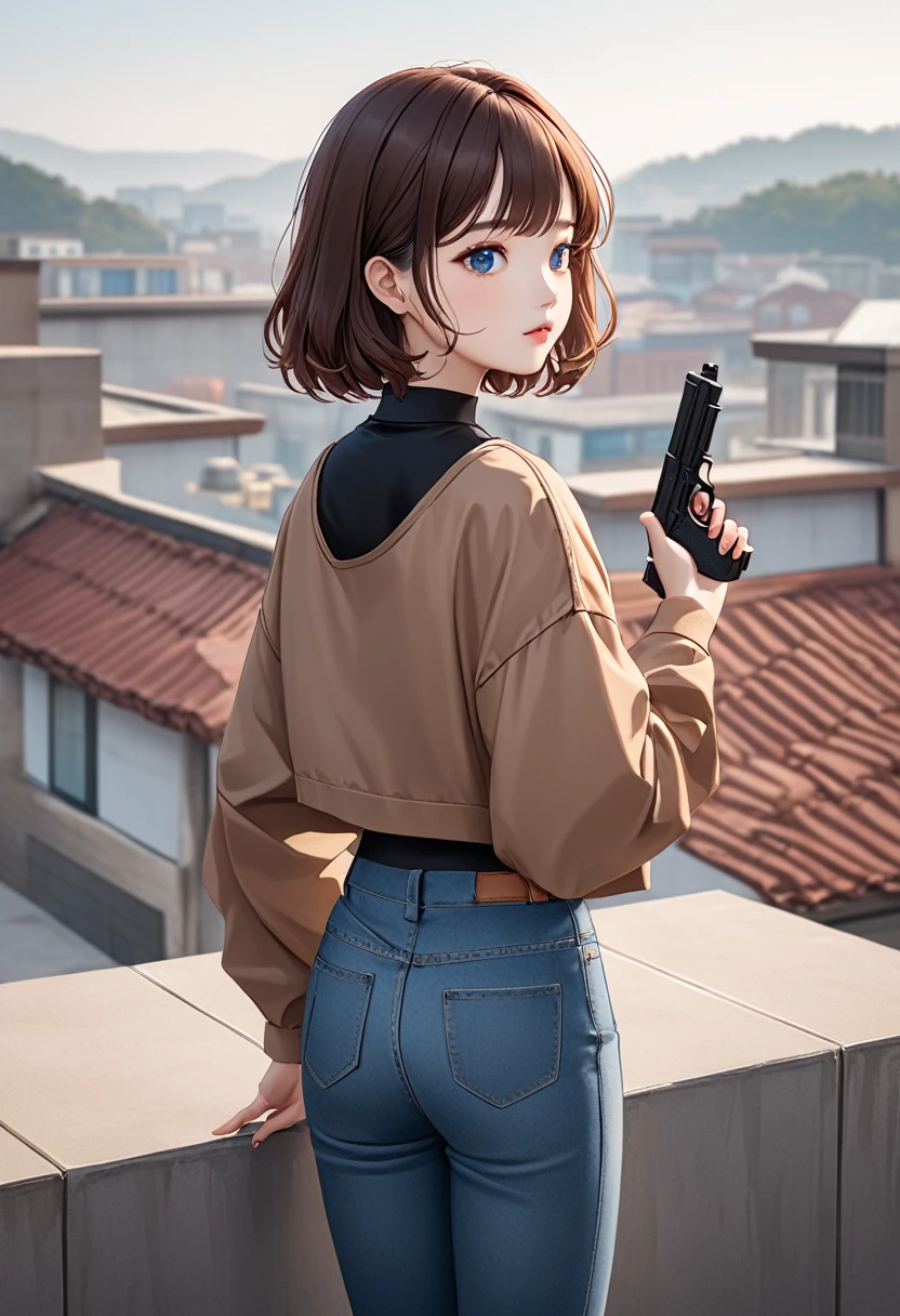 A girl wearing mask, brown short hair, a pistol in his hands, wearing a synthetic black crop top with a brown jacket and blue jeans, blue eyes, standing on a rooftop,centre of image,seeing towards viewers,half body shot,large image of girl,focused imageof girl,cute girl,korean.