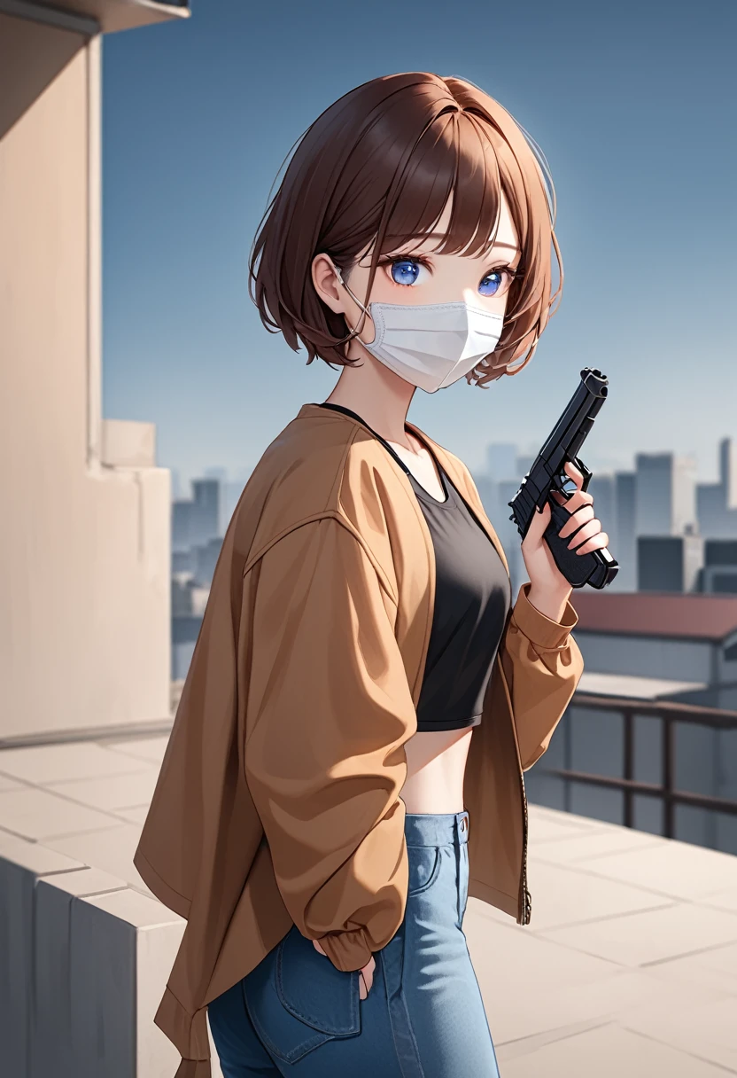 A girl wearing mask, brown short hair, a pistol in his hands, wearing a synthetic black crop top with a brown jacket and blue jeans, blue eyes, standing on a rooftop,centre of image,seeing towards viewers,half body shot,large image of girl,focused imageof girl,cute girl,korean.