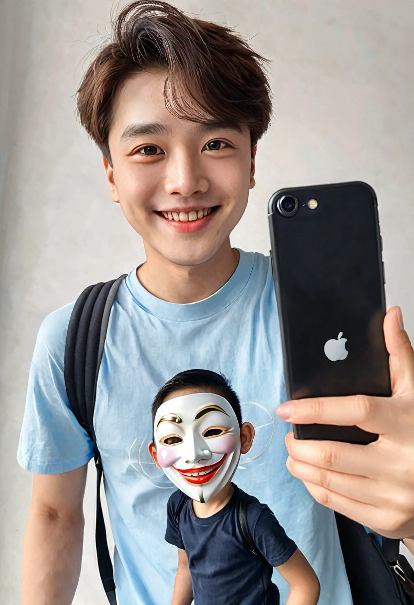 Selfie Angle，Realism，Half Body，A boy holding a mask in one hand。The mask is a smiling face