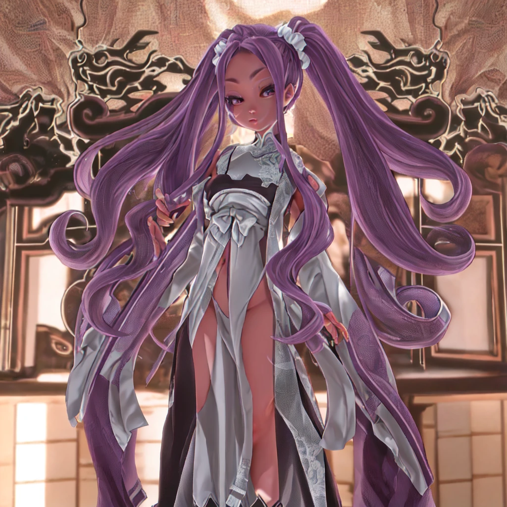 1girl, long purple hair, purple eyes, twintails, detailed face, scrunchie, chinese dress, long wide sleeves, bare shoulders, pelvic curtain, elegant pose, serene expression, (best quality,4k,8k,highres,masterpiece:1.2),ultra-detailed,(realistic,photorealistic,photo-realistic:1.37),intricate,chiaroscuro lighting,warm color palette