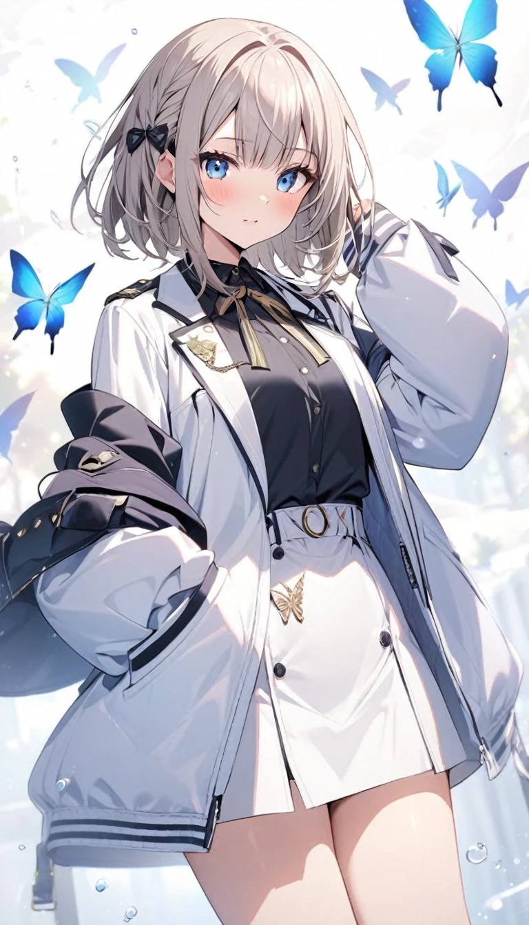 Butterflies are flying、Facing at an angle、Looking at an angle、1girl, stylish, stylish code, large jacket