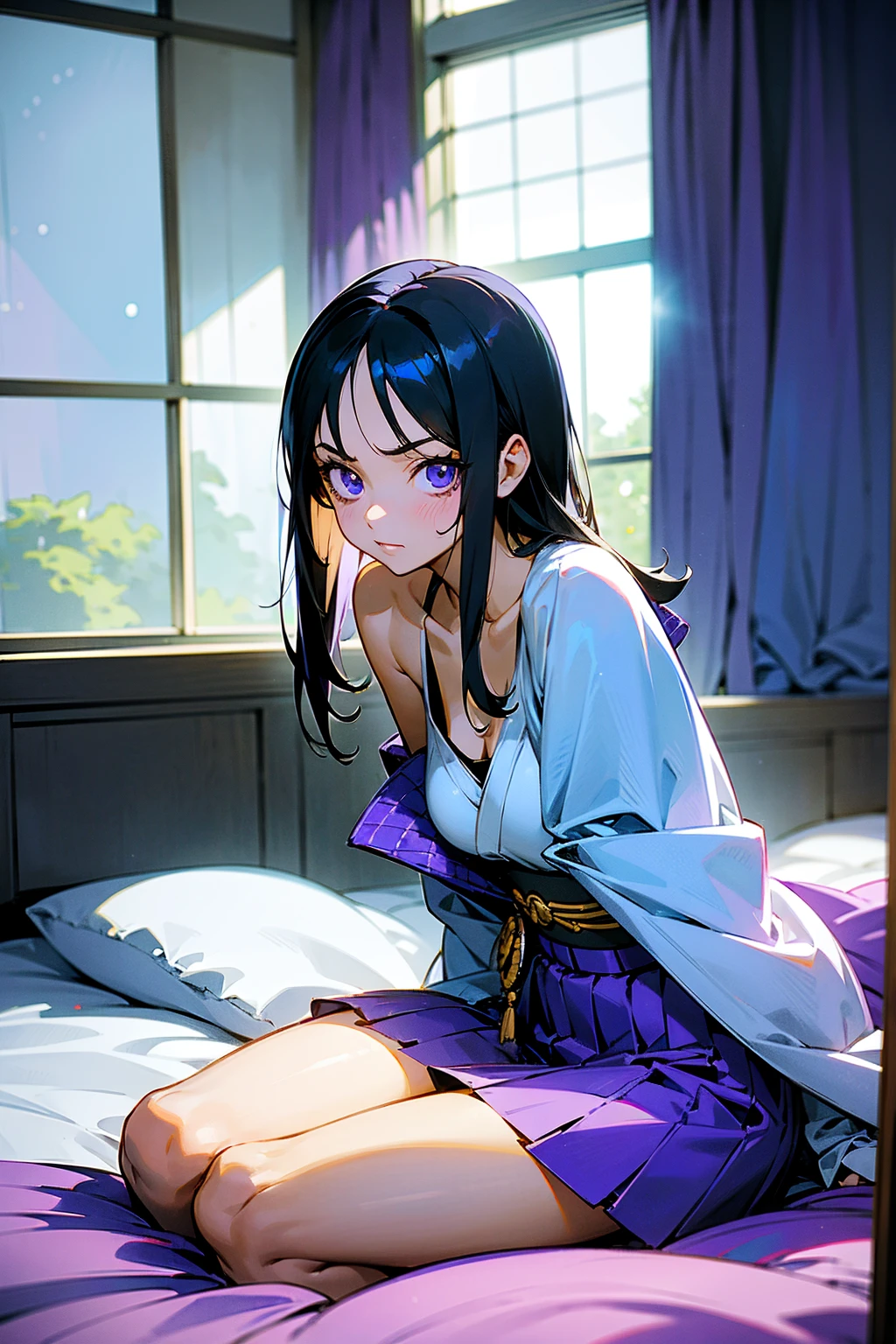 anime girl, black hair, robin from one piece, anime girl sitting in bed, short purple skirt, purple open top, light blue eyes, blue light in room, Japanese windows, cubic grid windows Japanese style, blue light in room, light coming from windows, sitting in bed, curtains on edges of window, woman hot face, tan skin, attractive, masterpiece