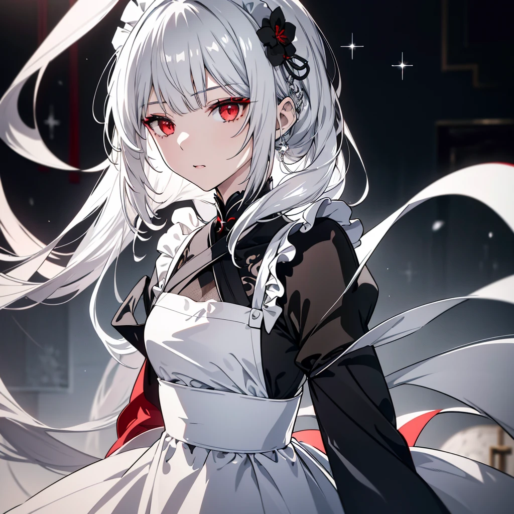 8k,High resolution RAW color art,Anime Art, (((Very detailed and cool))), Detailed skin, Blurry、texture,(Exquisitely crafted, Finer details, Ultra-detailed art), (((1 girl))), Written boundary depth, Silky to the touch, Hyper Detail, (((Cool face))), eye shadow、Silver Marble Skin, Beautiful and detailed red eyes, Beautiful lip detail, Very delicate face, Delicate depiction of hair and eyes, Delicate fashion, Full body description、Long silver hair、Red Eyes、Simple maid clothes、Inside the house、A subtle piece、Standing posture、Classical Long(Black and white)