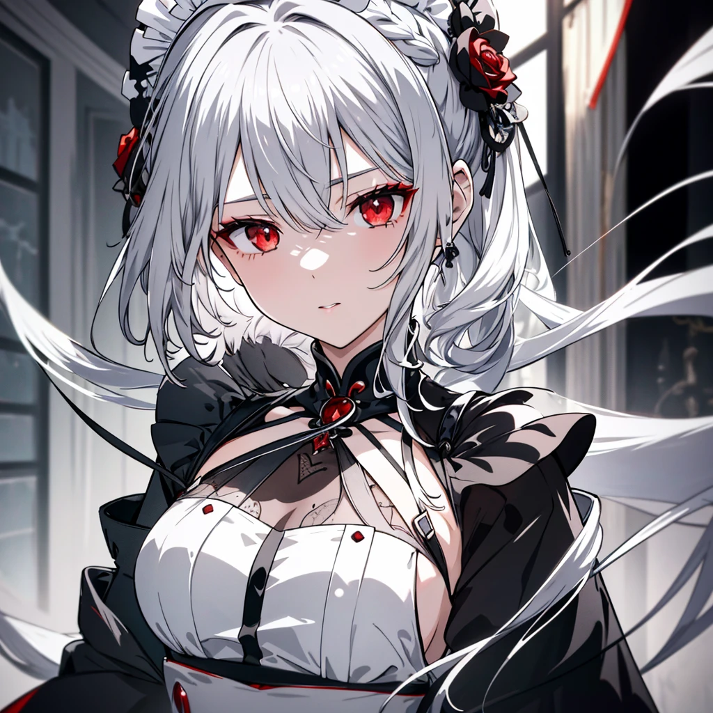 8k,High resolution RAW color art,Anime Art, (((Very detailed and cool))), Detailed skin, Blurry、texture,(Exquisitely crafted, Finer details, Ultra-detailed art), (((1 girl))), Written boundary depth, Silky to the touch, Hyper Detail, (((Cool face))), eye shadow、Silver Marble Skin, Beautiful and detailed red eyes, Beautiful lip detail, Very delicate face, Delicate depiction of hair and eyes, Delicate fashion, Full body description、Long silver hair、Red Eyes、Simple maid clothes、Inside the house、A subtle piece、Standing posture、Classical Long(Black and white)