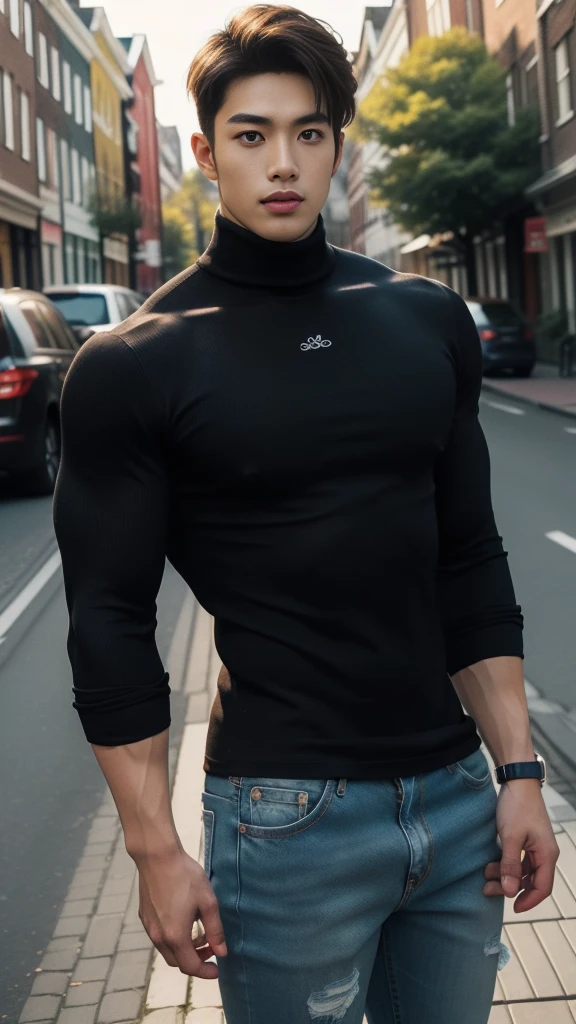 (realistic, คุณภาพhigh: 1.3) Handsome, muscular Asian man. , high, Black turtleneck shirt, Skinny jeans, photography, Dutch corner, outdoor, Hair style up, hair dyed blonde