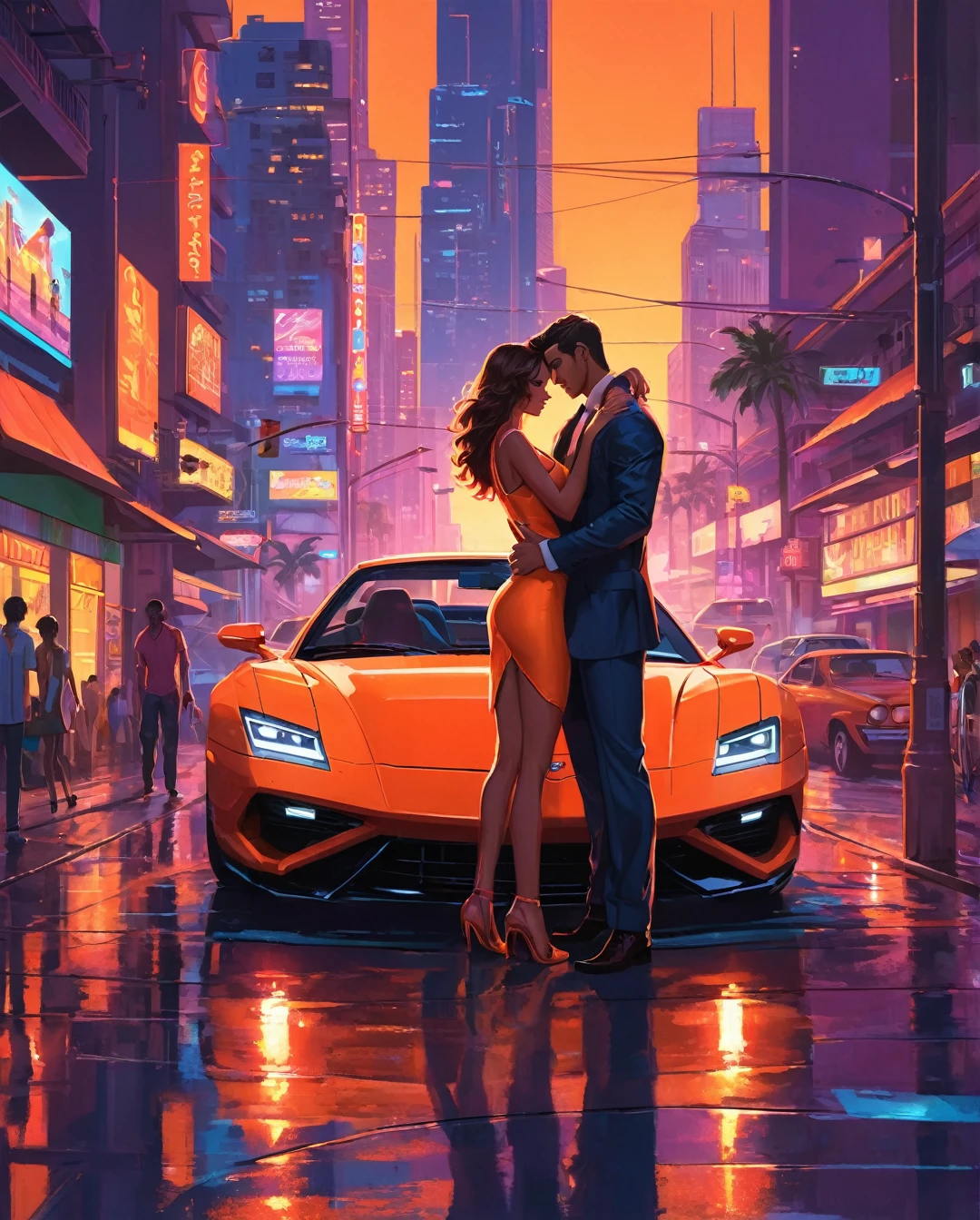 A sultry sunset in Vice City's neon-lit streets, with the boy and girl leaning on the hood of a sleek sports car. The warm orange hues cast long shadows across the bustling cityscape, as the dynamic duo poses confidently, arms wrapped around each other. The city's vibrant atmosphere is palpable, with towering skyscrapers, billboards, and neon lights reflecting off the wet pavement. In the distance, a helicopter whisks by, while pedestrians and traffic fill the streets. The car's gleaming finish and the pair's stylish attire radiate coolness, set against a backdrop of urban energy and excitement.