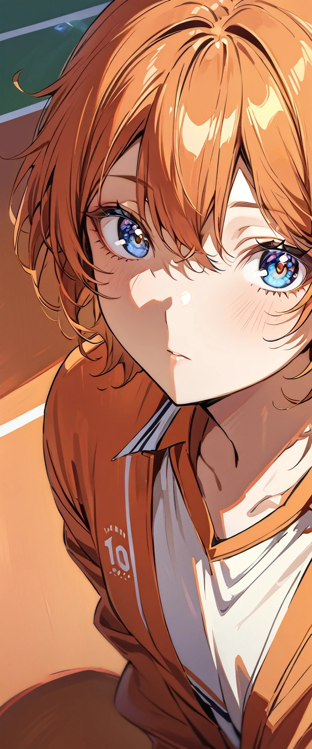 (Highest quality),(masterpiece), 8k,Very detailed, Detailed light, Best Shadow,Detailed reflective eyes, Beautiful Eyes, Very detailedな顔,Shiny Hair,One person,juvenile,Gloss,Hinata Shoyang,Orange Hair,looking at the camera,front,Sense of presence,Volleyball court,Expressionless,1人のjuvenile,Hinata Shoyo,Number 10,10 times,Crow in the background,Head to waist,