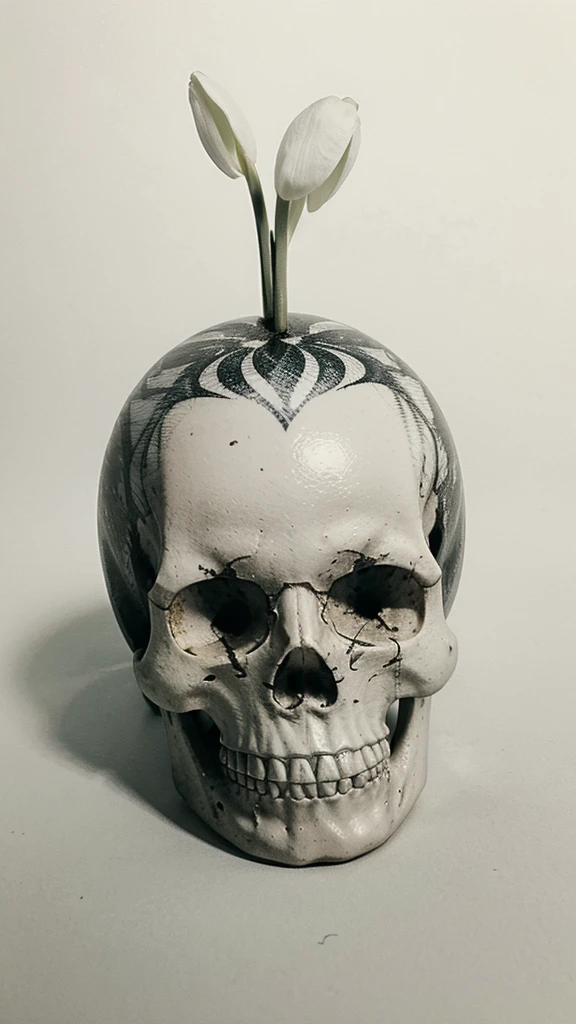 Tattoo sketch. A snowdrop sprouts from the skull's mouth. The skull lies in the ground.