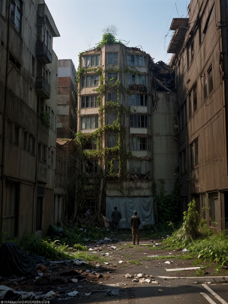 The photograph shows an apocalyptic street view of a financial center 150 years after the fall of human civilization. A man in rags looking for food. The buildings and streets are ruined and covered with lush vegetation up to the roof. There are rusty car wrecks staying in disarray on the street, also overgrown with vegetation. The whole is illuminated by sharp sunlight creating an interesting chiaroscuro, and in the distance there is a delicate blue morning mist.