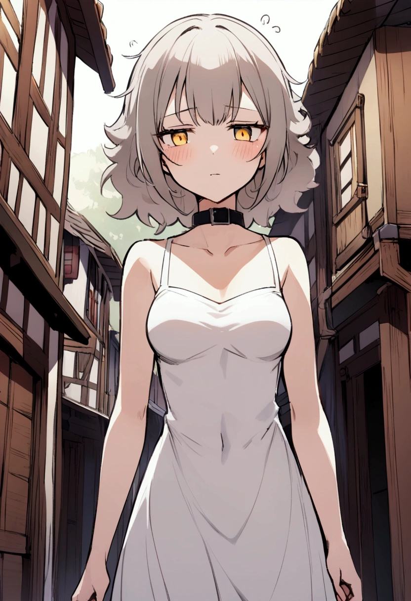 Girl with short fluffy ash hair. Yellow eyes. Calm face, simple white dress, black collar. Standing, fantasy house street, slender body, sleepy face, medium breasts
