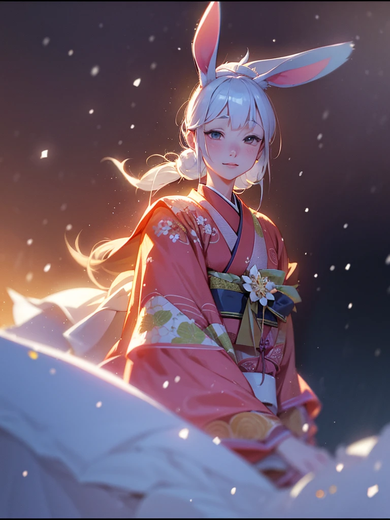 (Sumilux f1.4 50mm , low Latitude old color negative film , cross process , bokeh, flare, chromatic aberration , soft focus, (Shallow focus) , soft glow , Maximum aperture, High Key , Transparent depiction) , Japanese Heian period , Royal girl, rabbit ear , (round Maro eyebrows) , kimono, sitting , (Peony flowers blooming:0.6) , closeup face , Snow is falling
