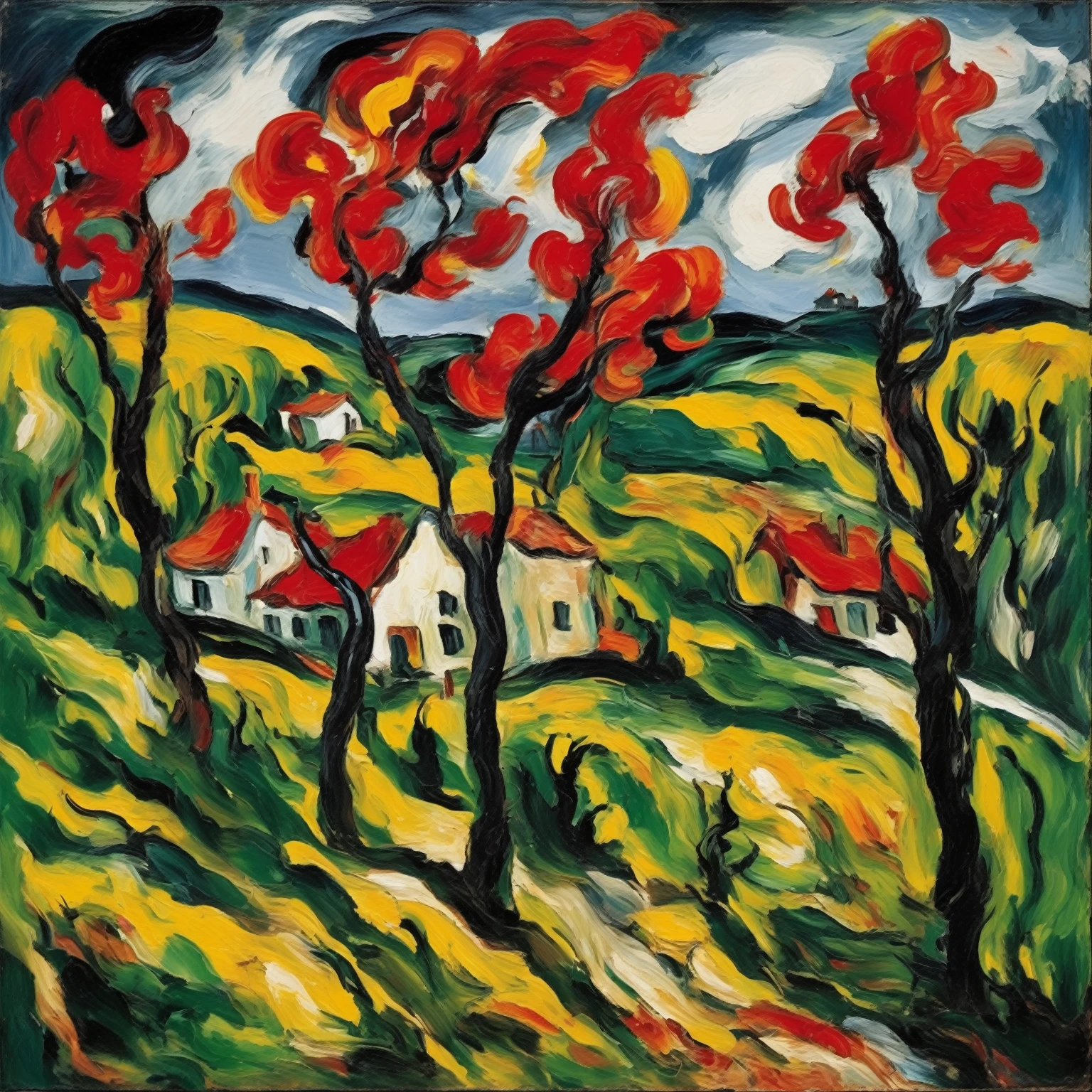Maurice de Vlaminck Style - Painting painted by Chaim Soutine. An expressionist depiction of a windswept landscape, rendered in frenzy, thick brushstrokes. The trees and houses seem to sway and twist, reflecting the emotional turmoil of the scene. The palette is vibrant, The reds, greens, and yellows pulsing with energy.