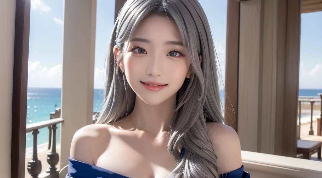 (Beautiful Japanese Girl), beautiful and Beautiful Eyes, perfection , perfection, Rolling your eyes, Detailed face, Beautiful Eyes, Superior Quality, masterpiece, Very detailed, High level of detail, Many details, high quality, Cinematic Light, Real Hands, (Ultra-realistic:1.3), high  student , 幸せそうなsmile、smile, Ahoge, (Gray Hair:1.25), Hair between the eyes, (Silver Ship:1.25), Removing the collar, Halter neck, Cross Halter, Blue clothes, Very good, Shiny off-the-shoulder dress, Mediterranean, Hotels with ocean views, Open Terrace,(((One girl)))