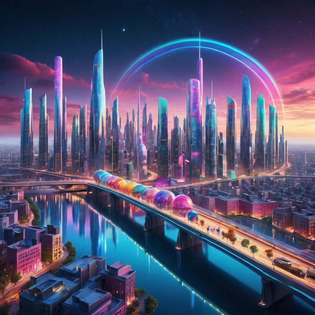 A captivating, high-resolution 3D render of the futuristic cityscape "NEUROSTOCKER 2024," where the limits of imagination are pushed to their extreme. The city is adorned with mesmerizing lollipop-shaped towers and candy-colored buildings, creating a fantastical and playful atmosphere. A shimmering rainbow river teems with life, reflecting the city's vibrant colors. The night sky is filled with twinkling stars, adding depth to the scene. Bold, modern typography displays the city's name, enhancing the futuristic aesthetic. A character is shown standing on a bridge, gazing at the breathtaking view. The combination of art, architecture, and storytelling elements creates an immersive, cinematic atmosphere that captivates the viewer and invites them to explore this, 3d render, photo, vibrant, typography, poster, cinematic, illustration, conceptual art, architecture