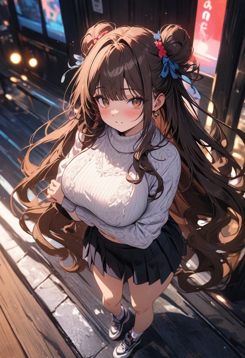 (masterpiece), best quality, very aesthetic, newest, absurdres, detailed, high quality
BREAK
highest quality, top quality, details, highres, ultra fine painting, digital art, official art, splash art, cinematic, 4k, 8k resolution, 8K CG wallpaper, original artwork, detailed background, blue atmosphere, High Dynamic Range, blurry background, blue hour, Starburst effects, crepuscular rays, good ISO, high resolution, wide shot, from far away, RAW photo, POV, sharp focus, light reflection, reflections, intricate details, soft light, particle noise, professional photography, bokeh, depth of field, studio lighting, vibrant colors, detailed lights and shadows, stylish, ultra-detailed, top rated on Pixiv, trending on Artstation, niji style, modern-days, master crafted, pose
BREAK
solo, (close up), 1girl, pale skin, correct fingers, detailed hand, (big breasts:1.2), big thighs, small torso, short body, flushtered, blush, anxious expression, embarassed, embarassed act, casual, slim, ((cute, childlike face):1.3), nice body, nice hips, brown hair, (very long flowing hair, 2 buns hairstyle), long bangs, long hair, middle hair bangs, brown eyes
BREAK
(white cropped sweater, tummy skin, belly button, short pleated skirt, ankle socks, sneakers, (full body shot))
BREAK
Indoors apartment background