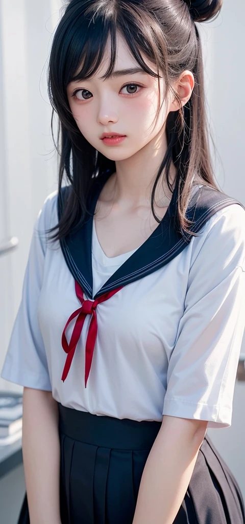 (1 nogizaka girl,15years old face,raw photo,photo realistic:1.5),(best quality, high quality,HDR, highest quality,ultra high resolution,high resolution,high res,ultra high difinition,huge file size,8K,2K wallpaper,8K wallpaper,high quality texture,amazing,an extremely delicate:1.4),one girl, Japanese famous idol,cute face,small face,absurd,ridiculous,incredibly ridiculous,blurry background,(school uniform,sailor suit,topknot,single hair bun,cleavage,no makeup:1.2),medium skin,beautiful skin,detailed skin,black hair,silky hair,black eyes,Japanese nose,5-fingers,(Light Particles, Lens Flare, Luminous Particles: 0.7),looking at viewer,small hands,bright lighting,professional lighting,girl