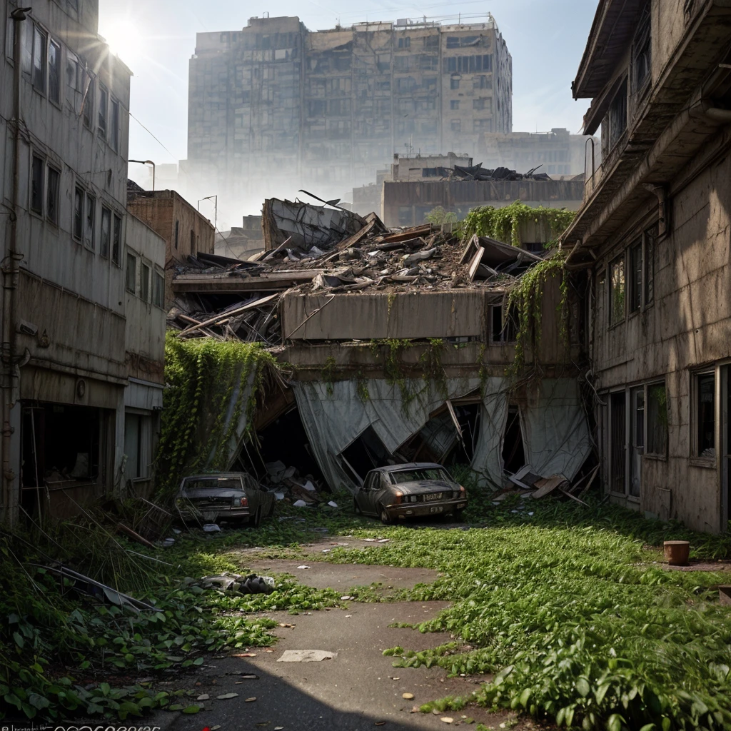 The photograph shows an apocalyptic street view of a financial center 150 years after the fall of human civilization. A man in rags looking for food. The buildings and streets are ruined and covered with lush vegetation up to the roof. There are rusty car wrecks staying in disarray on the street, also overgrown with vegetation. The whole is illuminated by sharp sunlight creating an interesting chiaroscuro, and in the distance there is a delicate blue morning mist.