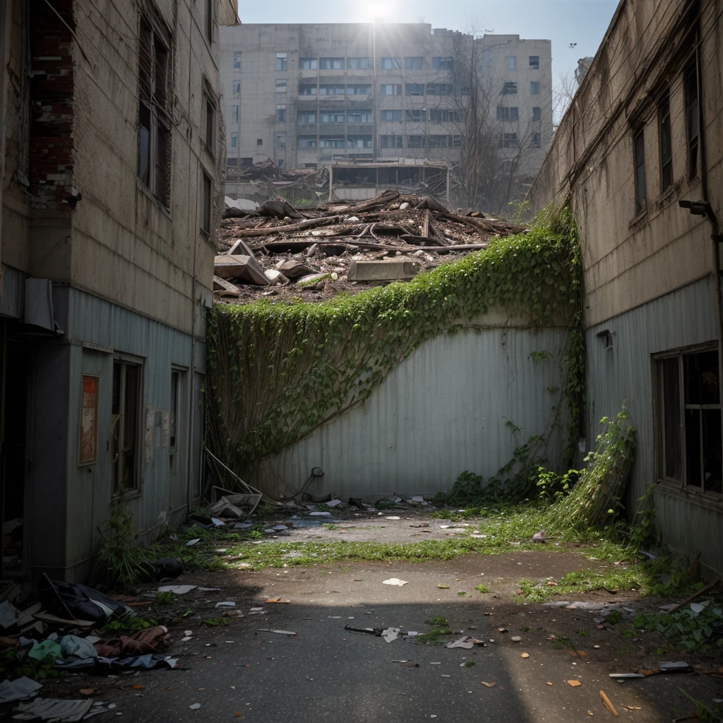 The photograph shows an apocalyptic street view of a financial center 150 years after the fall of human civilization. A man in rags looking for food. The buildings and streets are ruined and covered with lush vegetation up to the roof. There are rusty car wrecks staying in disarray on the street, also overgrown with vegetation. The whole is illuminated by sharp sunlight creating an interesting chiaroscuro, and in the distance there is a delicate blue morning mist.