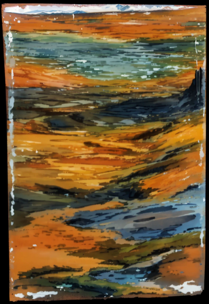 The sunset glow and blue sky are delicate and distinct，The distant mountains are gray and hazy，The terrain of mountains, plains and plains changes significantly.，Gurgling pool water sparkles，Scattered green plants，Color saturation and clear blending，Clear changes in light and shadow，Silky smooth and delicate watercolor painting