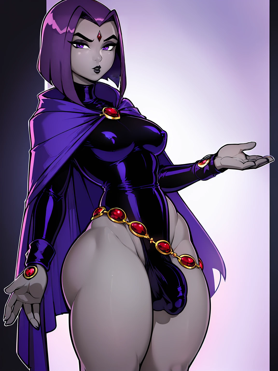 (solo:1.1),(masterpiece), (best quality:1.3), ultra detailed, intricate, (nice hands:1.6), professional art, digital art, absurdres, shadraven, (Full body view:1.1), 1girl, solo, (grey skin:1.4), dark purple hair, bob hair, purple eyes, hips wider than shoulders, pear shaped body, jewellery, detailed thighs, thick thighs, red jewel in forehead, jewels, (long sleeved turtleneck leotard:1.3), cuffs, small breasts, (shadraven cloak), (Shadraven broach:1.2), Shadraven jewel belt, Shadraven wearing a long sleeved leotard, long legs, ( long crotch bulge:1.4), large penis, large testicles, side view, looking at viewer, bubble butt , gluteal crease, universal lighting,,