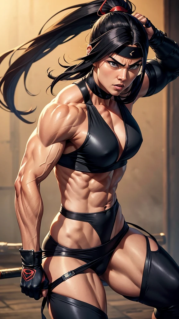 A muscular, macho female ninja is showing her fighting spirit.