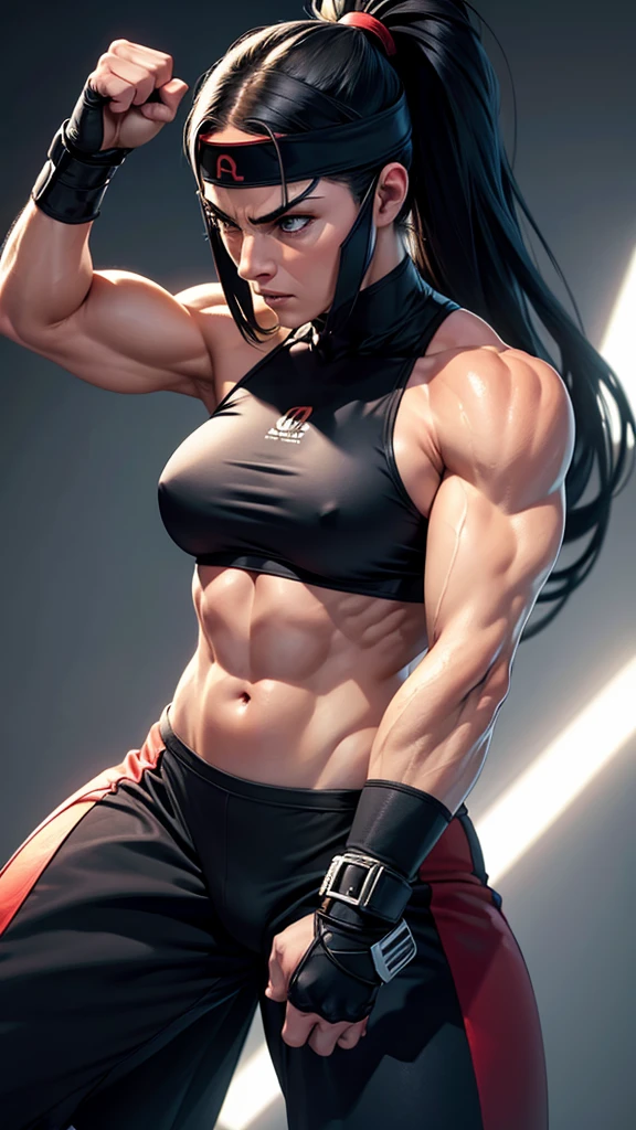 A muscular, macho female ninja is showing her fighting spirit.