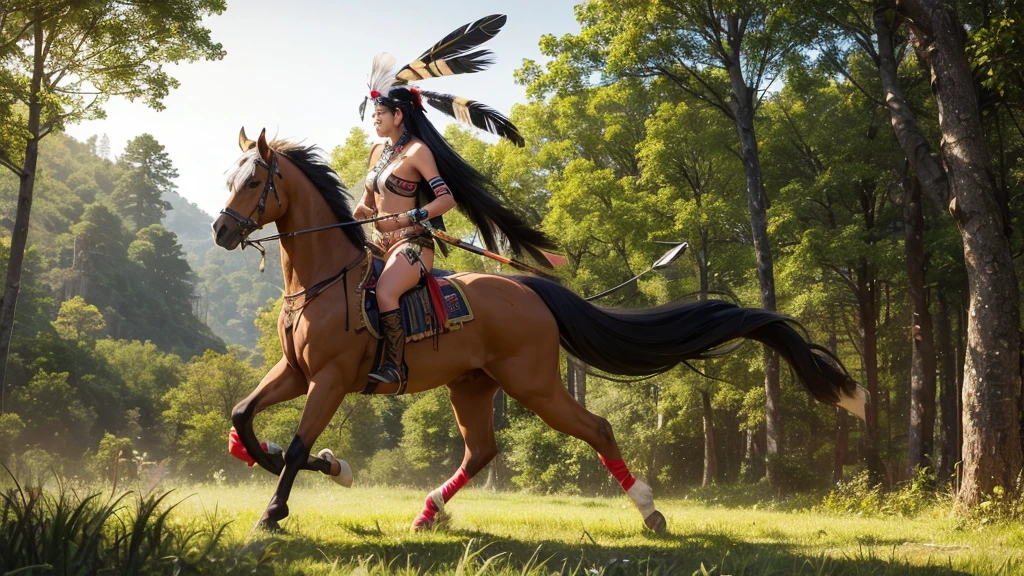 indigenous girl -HD photo - sexy photo -indigenous warrior- full body photo- beautiful legs- forest- high detailed- perfect face- straight black hair- straight bangs -snake- war paint- feather headdress- feathers- 18 years old- bow and arrow- horse- wind