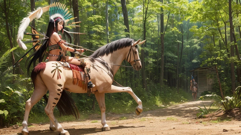indigenous girl -HD photo - sexy photo -indigenous warrior- full body photo- beautiful legs- forest- high detailed- perfect face- straight black hair- straight bangs -snake- war paint- feather headdress- feathers- 18 years old- bow and arrow- horse- wind